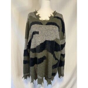 CY Fashion Oversized Camo Sweater 3XL Distressed Cozy Lagenlook Boho Tunic Army